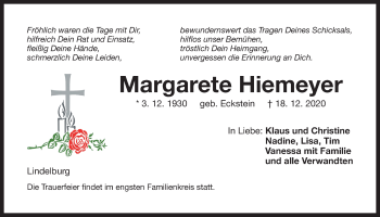 Traueranzeige von Margarete Hiemeyer von Der Bote