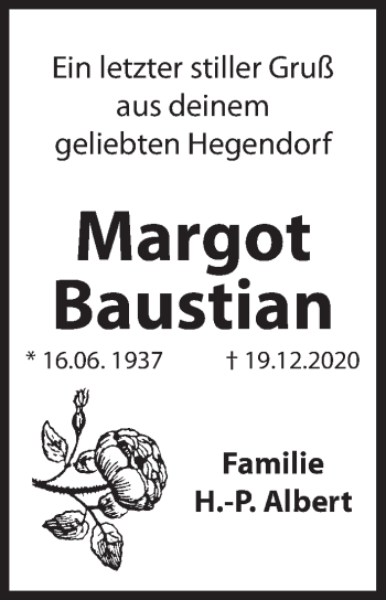 Traueranzeige von Margot Baustian von Hersbrucker Zeitung