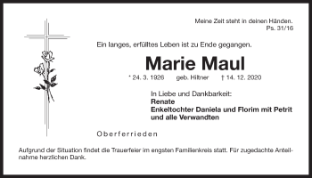 Traueranzeige von Marie Maul von Der Bote