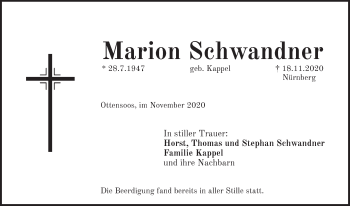 Traueranzeige von Marion Schwandner von Pegnitz-Zeitung