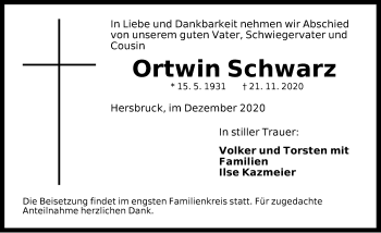Traueranzeige von Ortwin Schwarz von Hersbrucker Zeitung