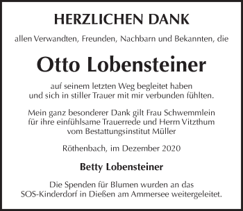 Traueranzeige von Otto Lobensteiner von Pegnitz-Zeitung