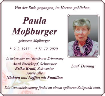 Traueranzeige von Paula Moßburger von Pegnitz-Zeitung