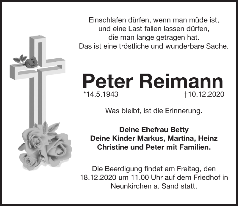  Traueranzeige für Peter Reimann vom 16.12.2020 aus Pegnitz-Zeitung