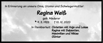 Traueranzeige von Regina Weiß von Hersbrucker Zeitung