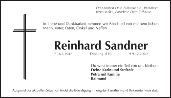 Traueranzeige von Reinhard Sandner von Pegnitz-Zeitung