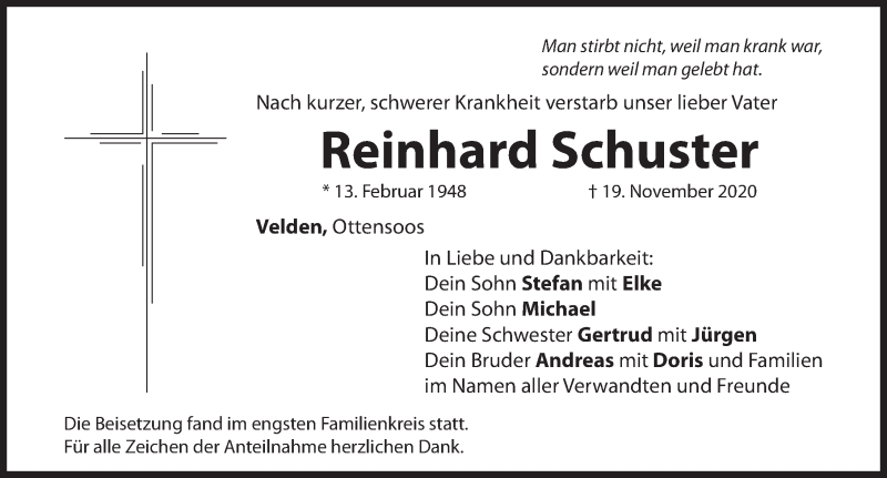  Traueranzeige für Reinhard Schuster vom 05.12.2020 aus Hersbrucker Zeitung