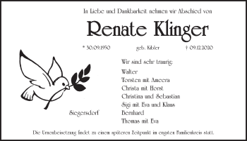 Traueranzeige von Renate Klinger von Pegnitz-Zeitung