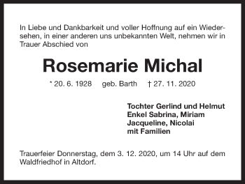 Traueranzeige von Rosemarie Michal von Der Bote