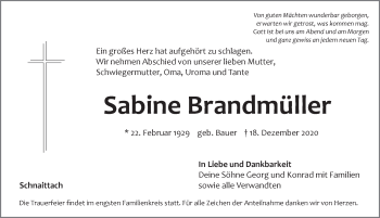 Traueranzeige von Sabine Brandmüller von Pegnitz-Zeitung