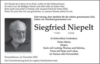 Traueranzeige von Siegfried Niepelt von Hersbrucker Zeitung