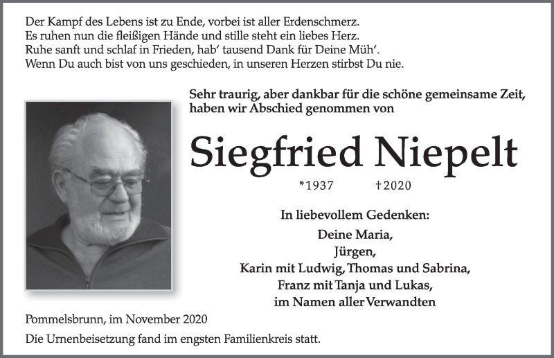  Traueranzeige für Siegfried Niepelt vom 05.12.2020 aus Hersbrucker Zeitung