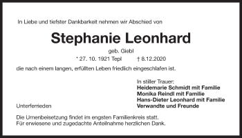 Traueranzeige von Stephanie Leonhard von Der Bote