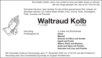 Traueranzeige von Waltraud Kolb von Pegnitz-Zeitung