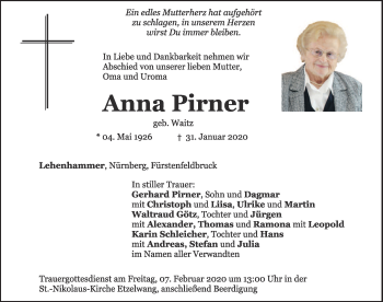 Traueranzeige von Anna Pirner von Hersbrucker Zeitung