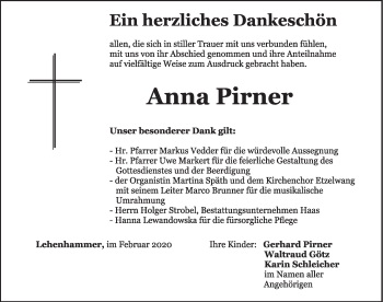 Traueranzeige von Anna Pirner von Hersbrucker Zeitung