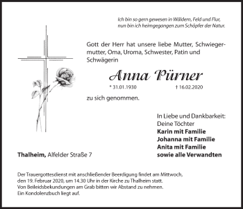 Traueranzeige von Anna Pürner von Hersbrucker Zeitung