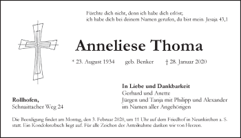 Traueranzeige von Anneliese Thoma von Pegnitz-Zeitung
