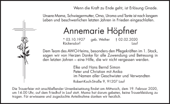 Traueranzeige von Annemarie Höpfner von Pegnitz-Zeitung