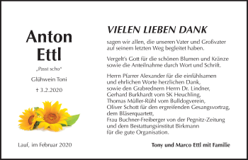 Traueranzeige von Anton Ettl von Pegnitz-Zeitung