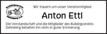 Traueranzeige von Anton Ettl von Pegnitz-Zeitung
