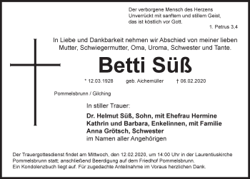 Traueranzeige von Betti Süß von Hersbrucker Zeitung