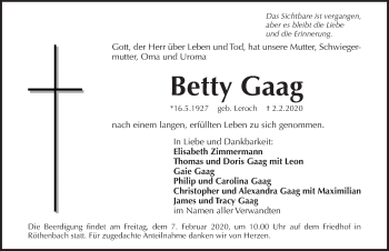 Traueranzeige von Betty Gaag von Pegnitz-Zeitung