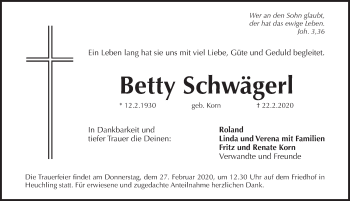 Traueranzeige von Betty Schwäger von Pegnitz-Zeitung