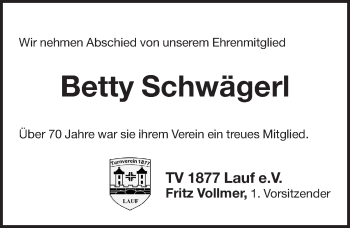 Traueranzeige von Betty Schwägerl von Pegnitz-Zeitung