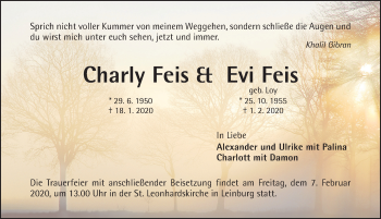 Traueranzeige von Charly und Evi Feis von Pegnitz-Zeitung