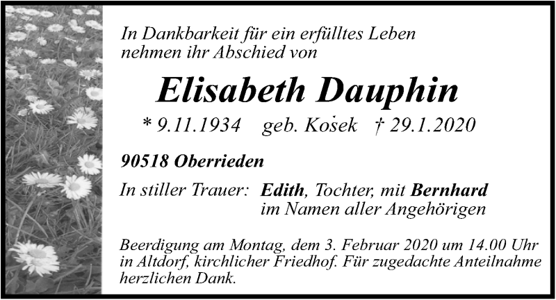  Traueranzeige für Elisabeth Dauphin vom 31.01.2020 aus Der Bote