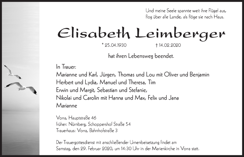  Traueranzeige für Elisabeth Leimberger vom 22.02.2020 aus Hersbrucker Zeitung