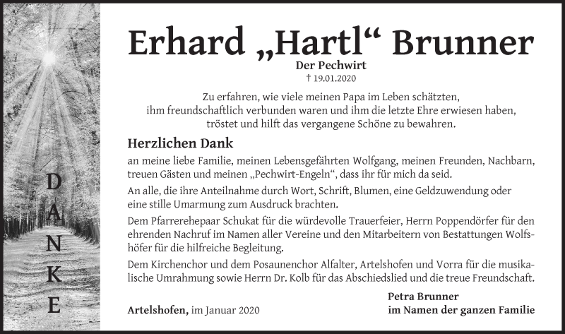  Traueranzeige für Erhard Brunner vom 01.02.2020 aus Hersbrucker Zeitung