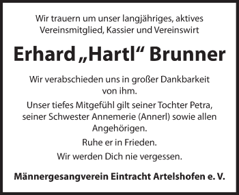 Traueranzeige von Erhard Brunner von Hersbrucker Zeitung