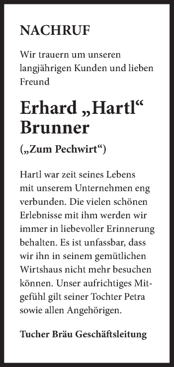 Traueranzeige von Erhard Brunner von Hersbrucker Zeitung