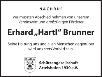 Traueranzeige von Erhard Brunner von Hersbrucker Zeitung