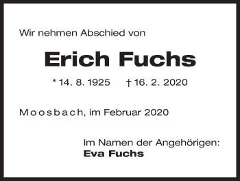 Traueranzeige von Erich Fuchs von Der Bote