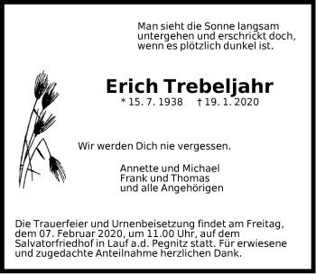 Traueranzeige von Erich Trebeljahr von Pegnitz-Zeitung