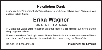 Traueranzeige von Erika Wagner von Der Bote