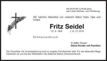 Traueranzeige von Fritz Seidel von Der Bote
