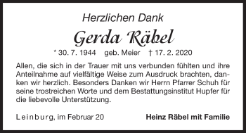 Traueranzeige von Gerda Räbel von Der Bote