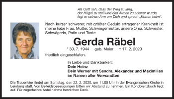 Traueranzeige von Gerda Räbel von Der Bote