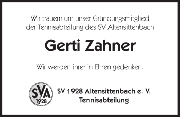 Traueranzeige von Gerti Zahner von Hersbrucker Zeitung