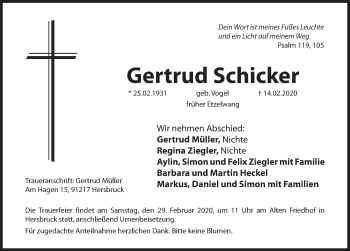 Traueranzeige von Gertrud Schicker von Hersbrucker Zeitung