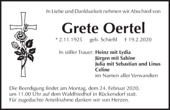 Traueranzeige von Grete Oertel von Pegnitz-Zeitung