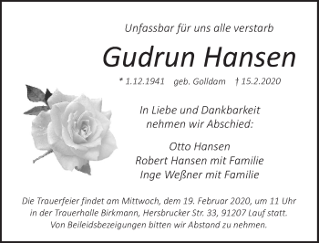 Traueranzeige von Gudrun Hansen von Pegnitz-Zeitung