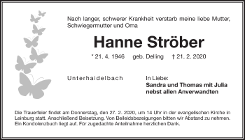 Traueranzeige von Hanne Ströber von Pegnitz-Zeitung