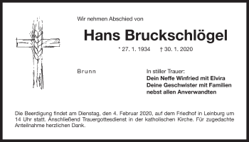 Traueranzeige von Hans Bruckschlögel von Der Bote