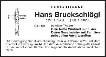 Traueranzeige von Hans Bruckschlögl von Der Bote
