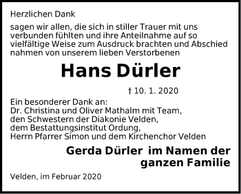 Traueranzeige von Hans Dürler von Hersbrucker Zeitung